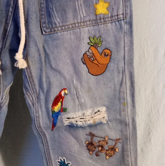 Really Cute Embroidered Patches On Denim Joggers with Drawstring - Picture 6 of 13